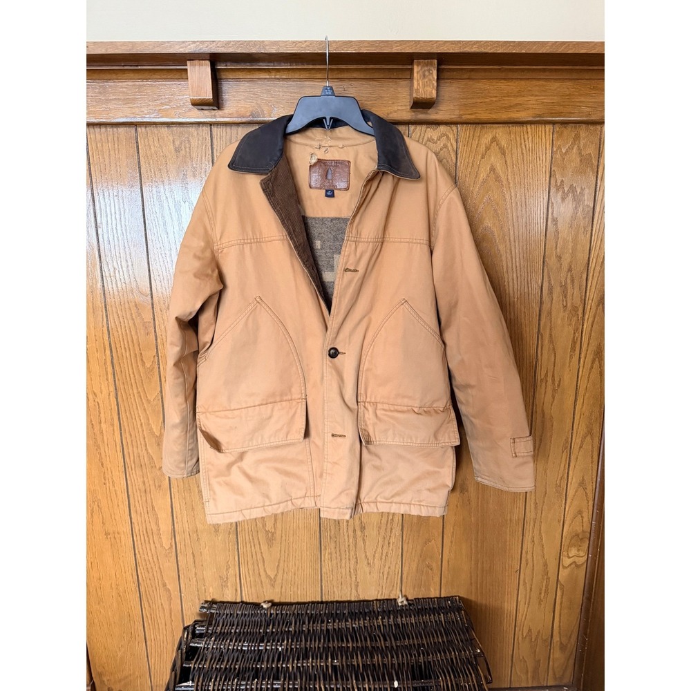 Roundtree & Yorke Outdoors Mens Tan Canvas Barn Coat Leather Collar Lined Medium